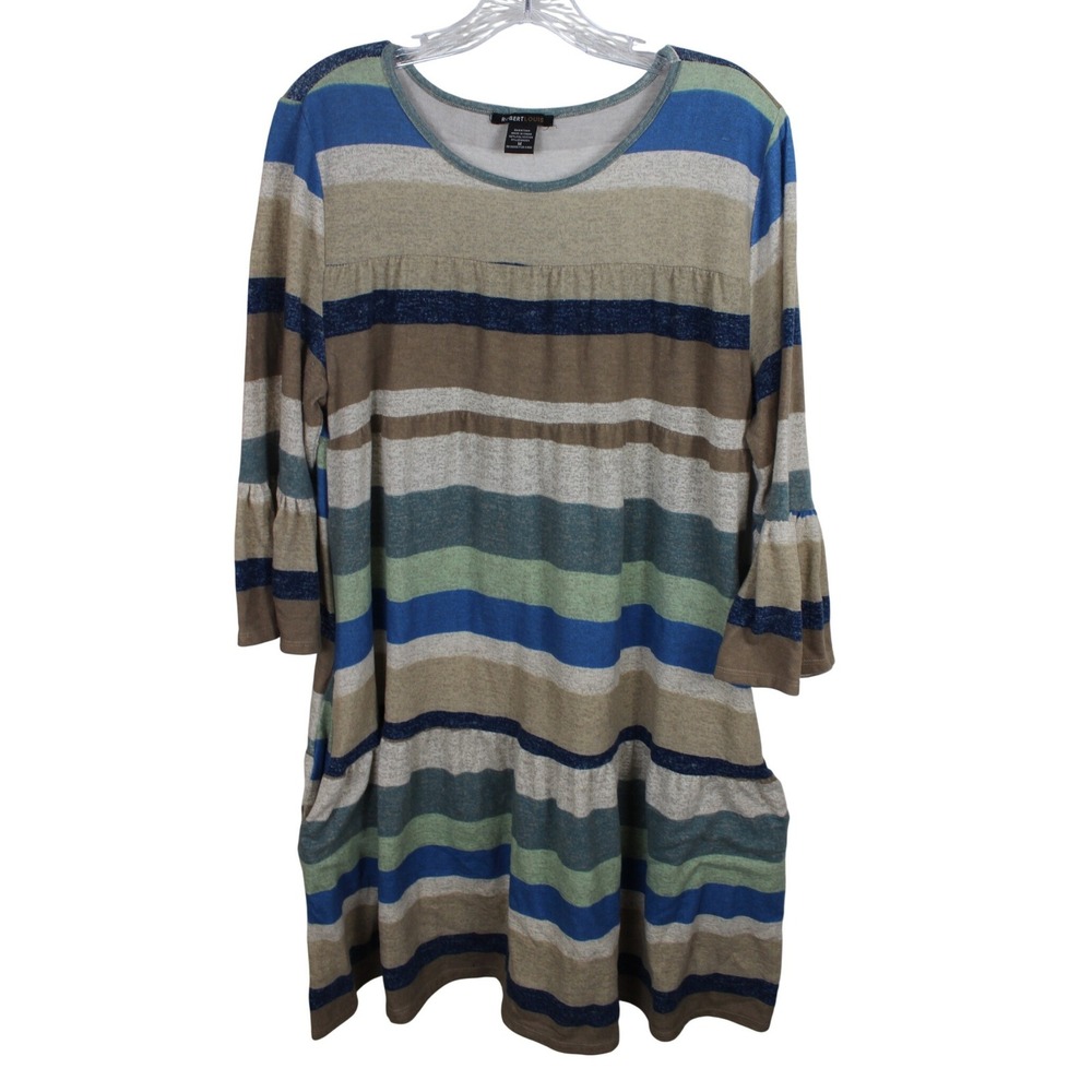 Robert Louis Womens Striped Tiered Tunic Dress Blue Green Tan 3/4 Bell Sleeve M